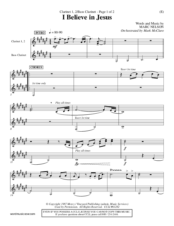 I Believe In Jesus Clarinet 1/2, Bass Clarinet (Marc Nelson)