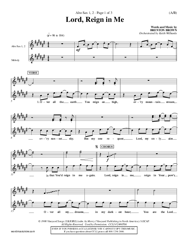 Lord Reign In Me Alto Sax 1/2 (Brenton Brown)