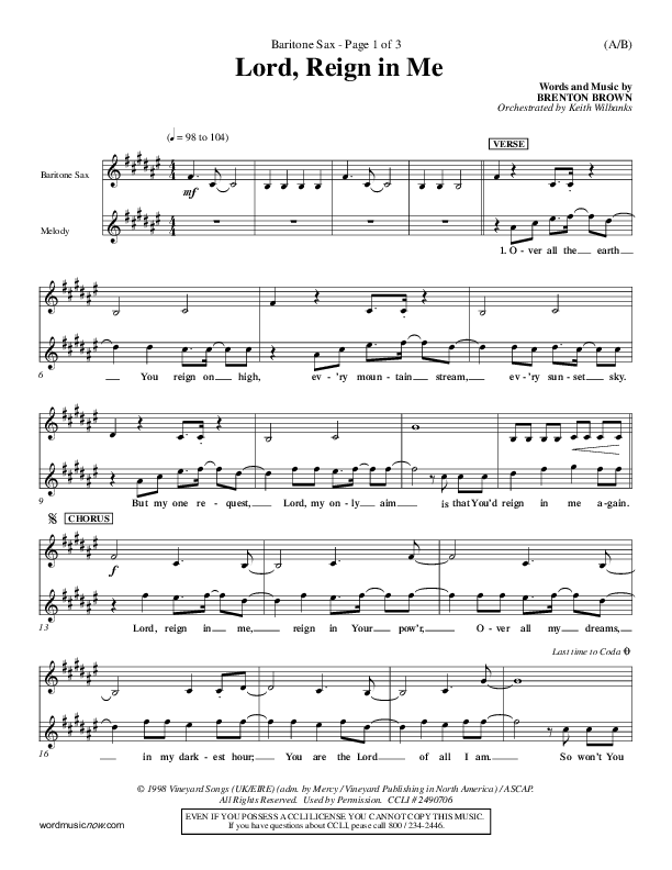 Lord Reign In Me Bari Sax (Brenton Brown)