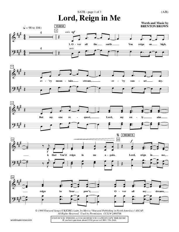 Lord Reign In Me Choir Vocals (SATB) (Brenton Brown)