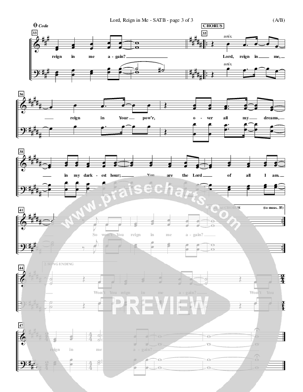 Lord Reign In Me Choir Sheet (SATB) (Brenton Brown)