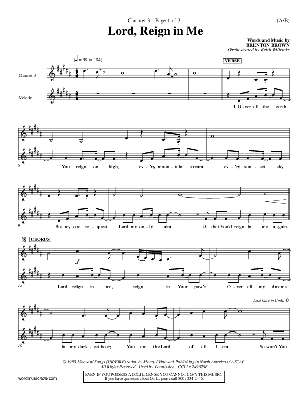 Lord Reign In Me Clarinet 3 (Brenton Brown)