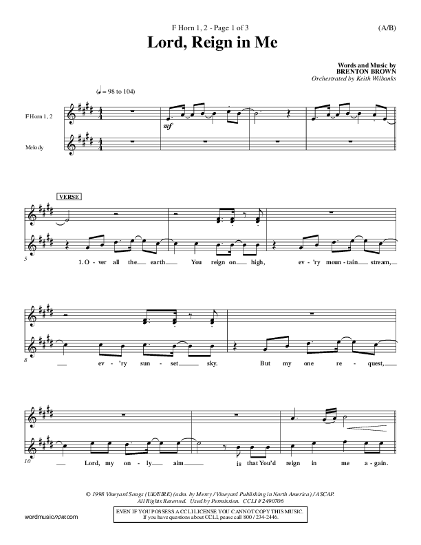 Lord Reign In Me French Horn 1/2 (Brenton Brown)