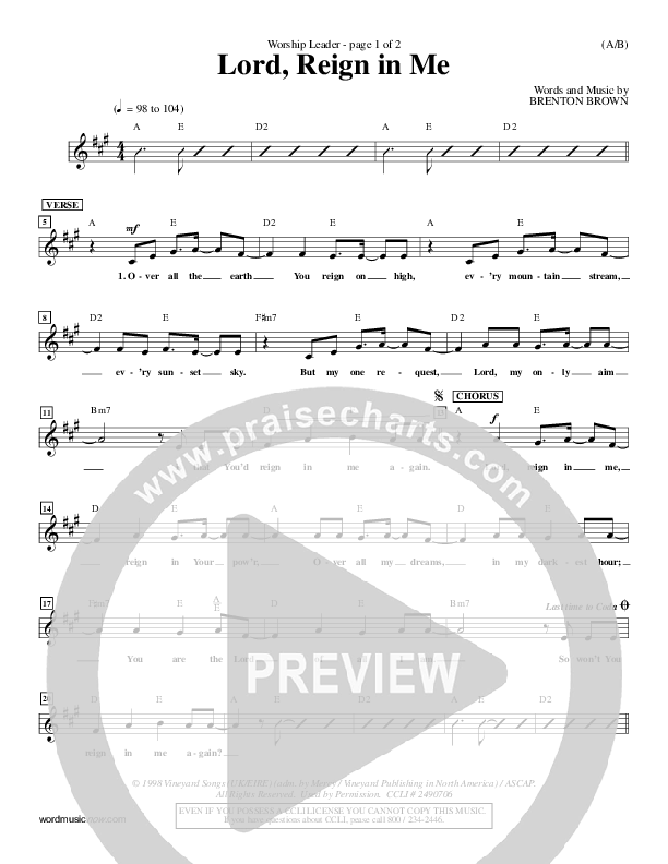 Lord Reign In Me Lead Sheet (Brenton Brown)
