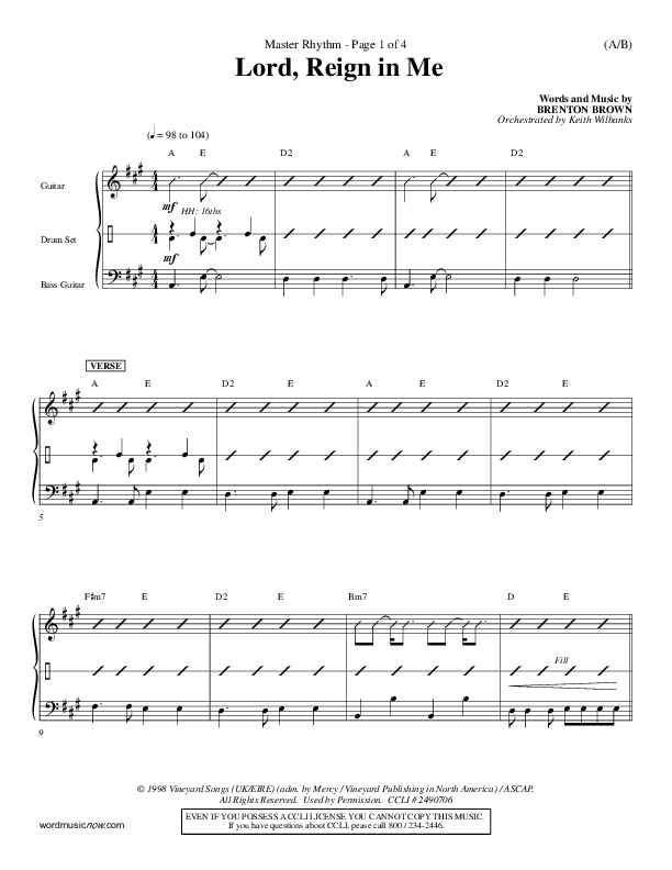 Lord Reign In Me Rhythm Chart (Brenton Brown)