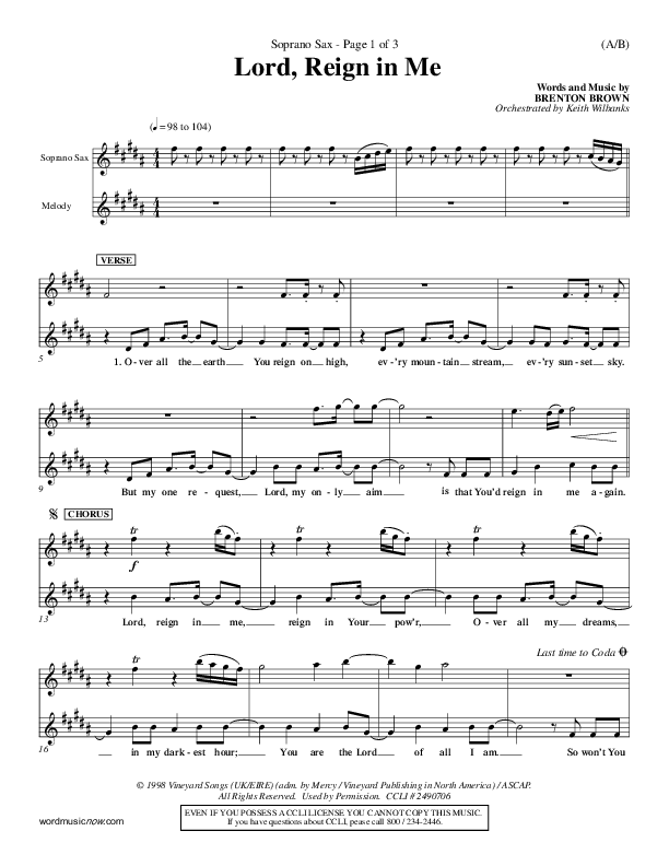 Lord Reign In Me Soprano Sax (Brenton Brown)