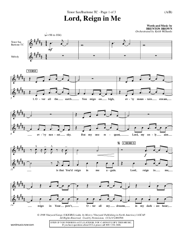 Lord Reign In Me Tenor Sax/Baritone T.C. (Brenton Brown)