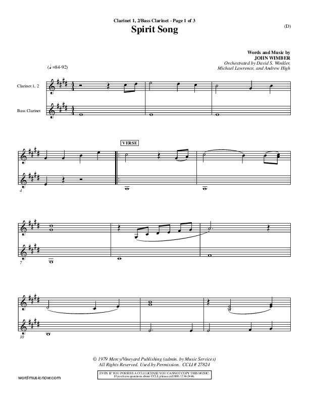 Spirit Song Clarinet 1/2, Bass Clarinet (John Wimber)