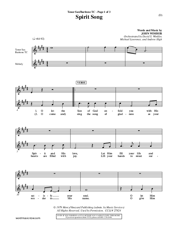 Spirit Song Tenor Sax/Baritone T.C. (John Wimber)