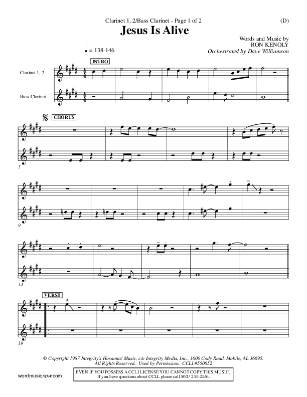 Jesus Is Alive Clarinet 1/2, Bass Clarinet (Ron Kenoly)