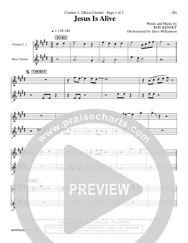 Jesus Is Alive Clarinet 1/2, Bass Clarinet (Ron Kenoly)