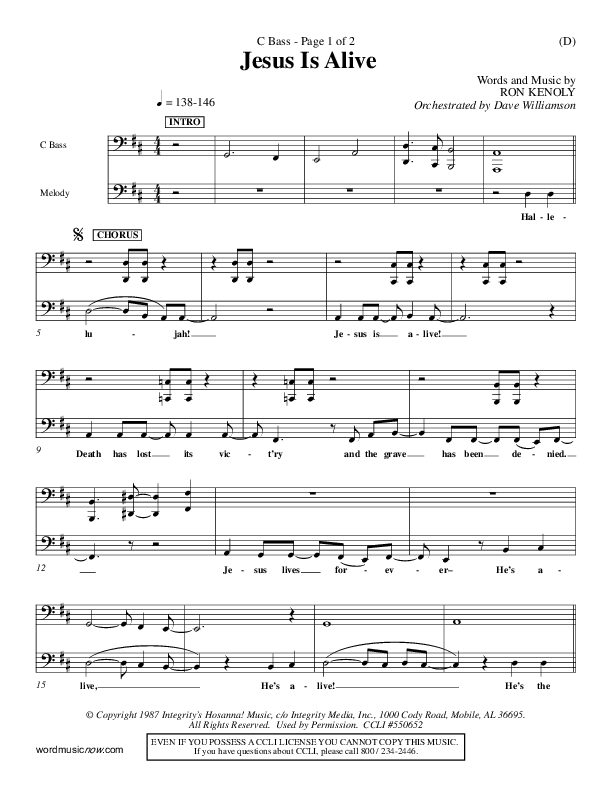 Jesus Is Alive Contrabass (Ron Kenoly)