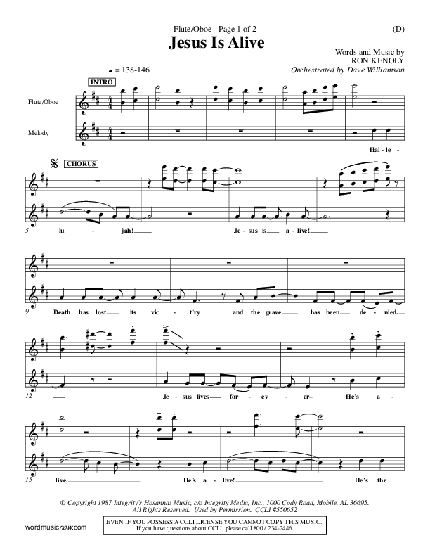 Jesus Is Alive Flute/Oboe (Ron Kenoly)