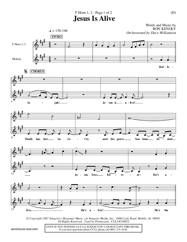 Jesus Is Alive French Horn 1/2 (Ron Kenoly)