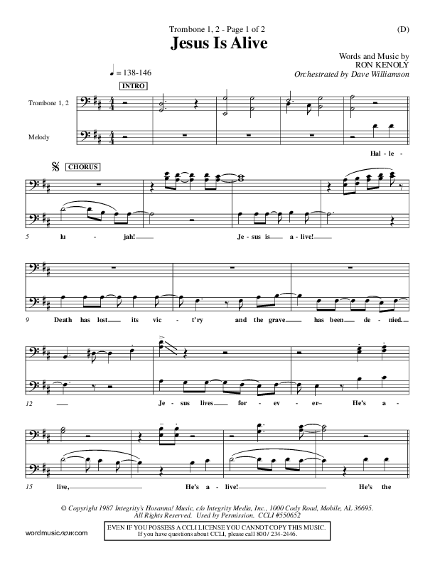 Jesus Is Alive Trombone 1/2 (Ron Kenoly)