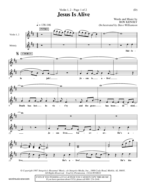 Jesus Is Alive Violin 1/2 (Ron Kenoly)