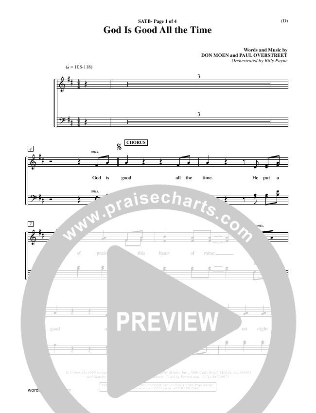 God Is Good All The Time Choir Sheet (SATB) Don Moen PraiseCharts