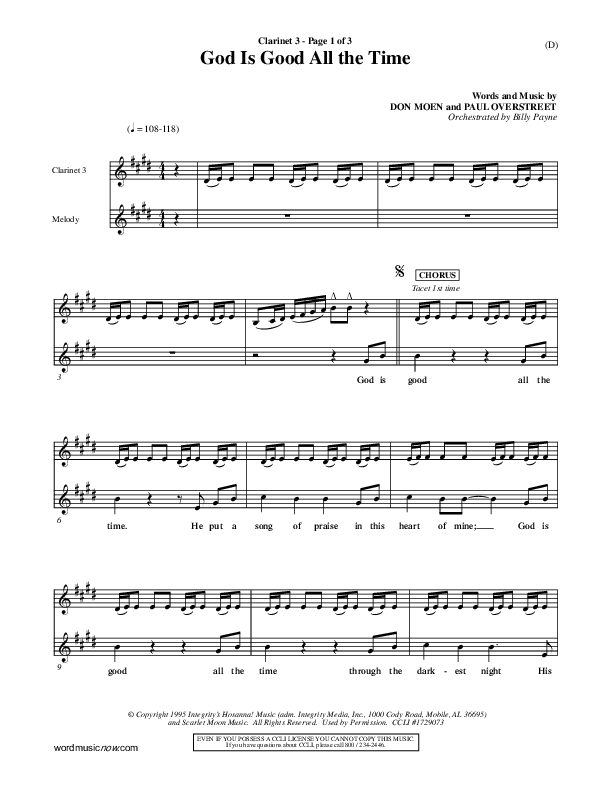 God Is Good All The Time Clarinet 3 (Don Moen)