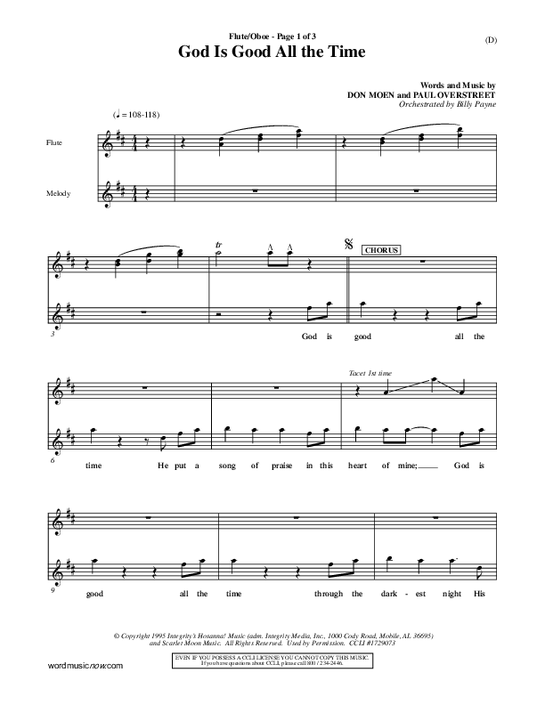 God Is Good All The Time Flute/Oboe (Don Moen)
