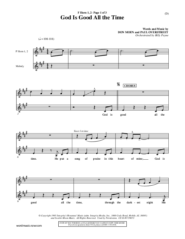 God Is Good All The Time French Horn 1/2 (Don Moen)