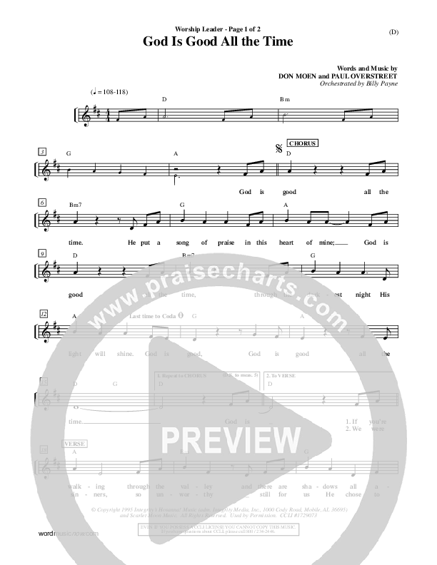 God Is Good All The Time Lead Sheet (Don Moen)