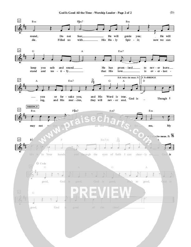 God Is Good All The Time Lead Sheet (Don Moen)
