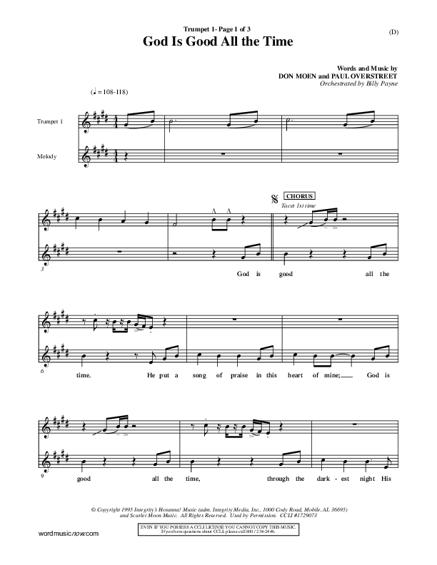 God Is Good All The Time Trumpet 1 (Don Moen)
