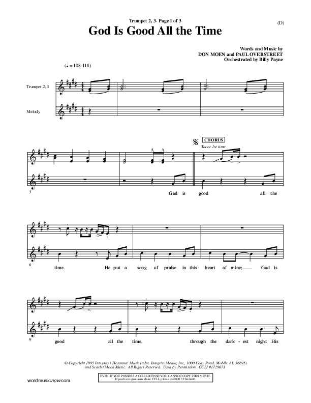 God Is Good All The Time Trumpet 2/3 (Don Moen)