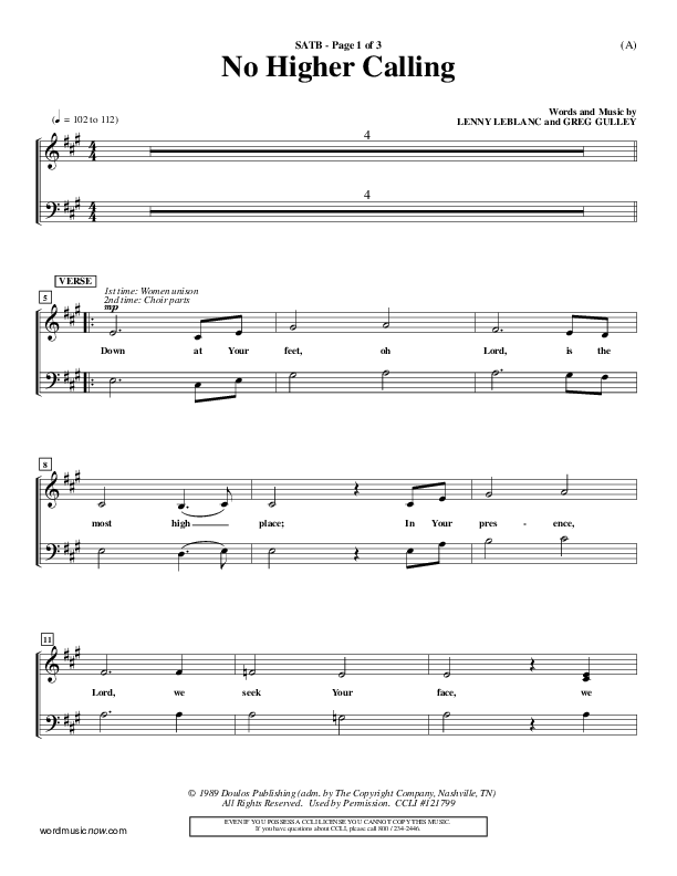 No Higher Calling Choir Sheet (SATB) (Lenny LeBlanc)
