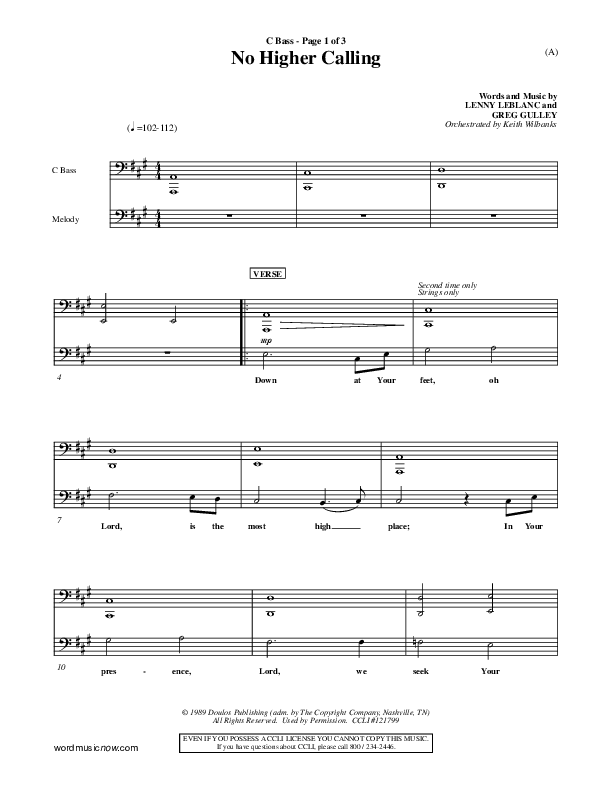 No Higher Calling Contrabass (Lenny LeBlanc)