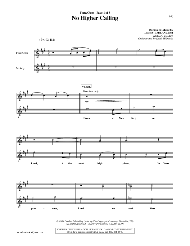 No Higher Calling Flute/Oboe (Lenny LeBlanc)