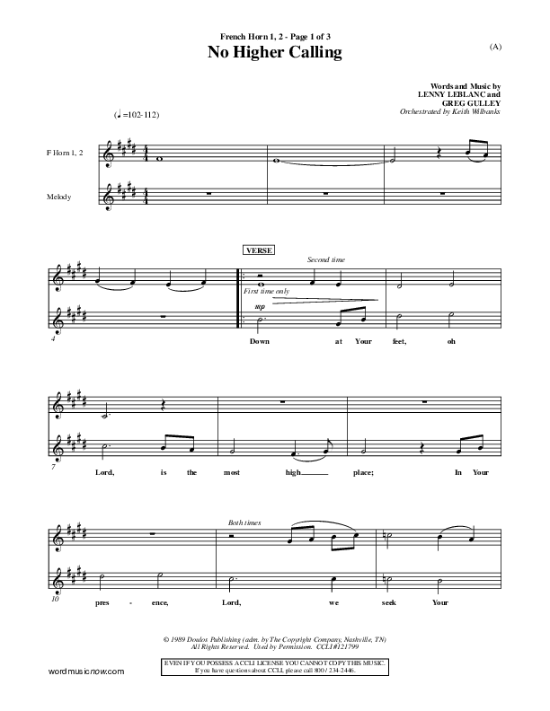 No Higher Calling French Horn 1/2 (Lenny LeBlanc)