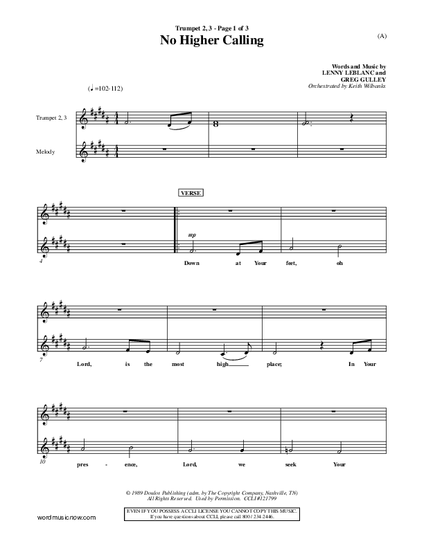 No Higher Calling Trumpet 2/3 (Lenny LeBlanc)