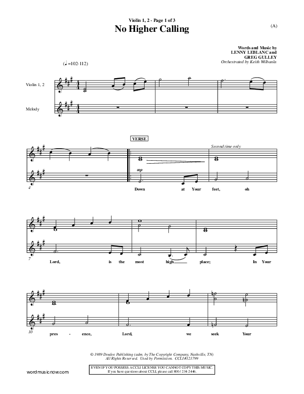 No Higher Calling Violin 1/2 (Lenny LeBlanc)