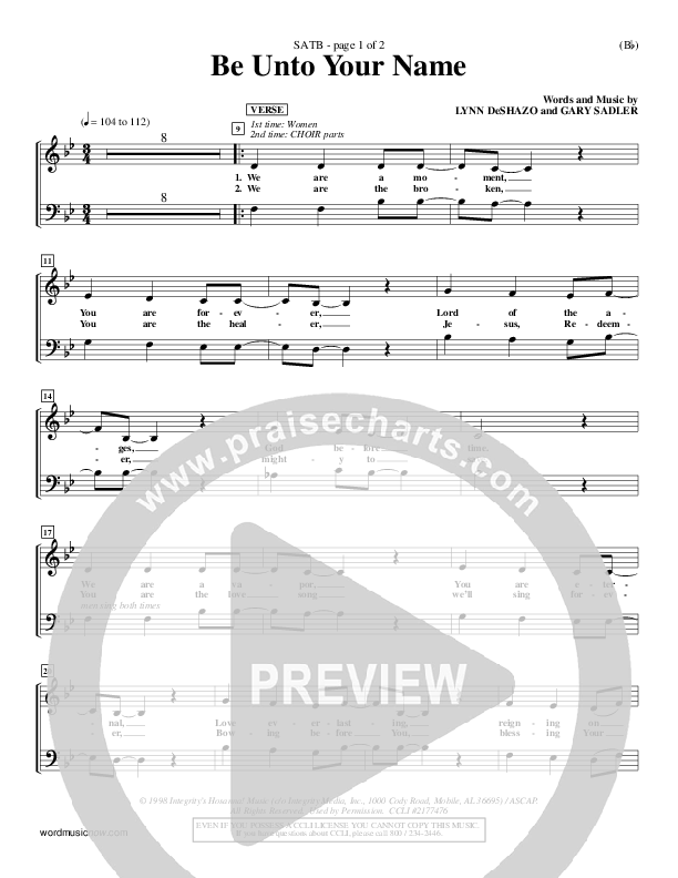 Be Unto Your Name Choir Sheet (SATB) (Lynn DeShazo)