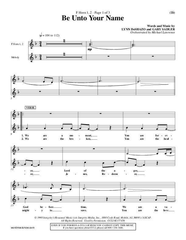 Be Unto Your Name French Horn 1/2 (Lynn DeShazo)