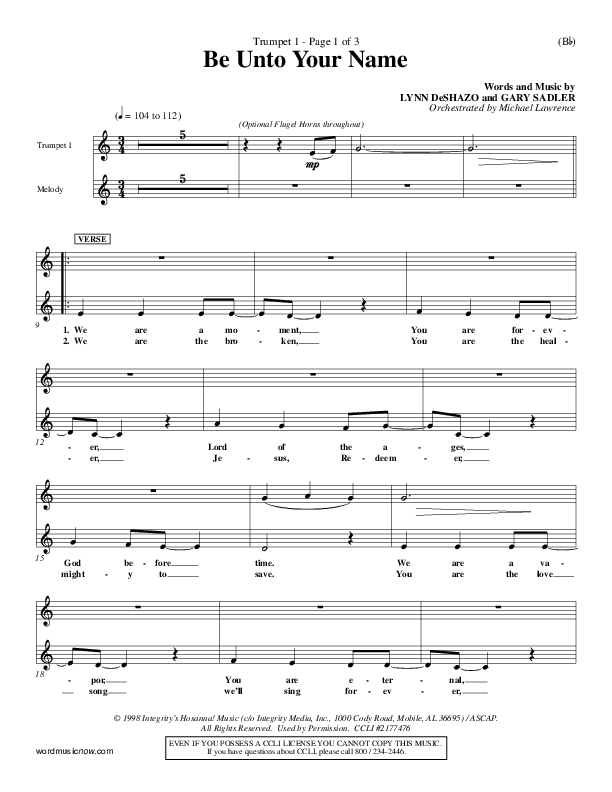 Be Unto Your Name Trumpet 1 (Lynn DeShazo)