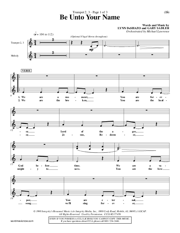 Be Unto Your Name Trumpet 2/3 (Lynn DeShazo)