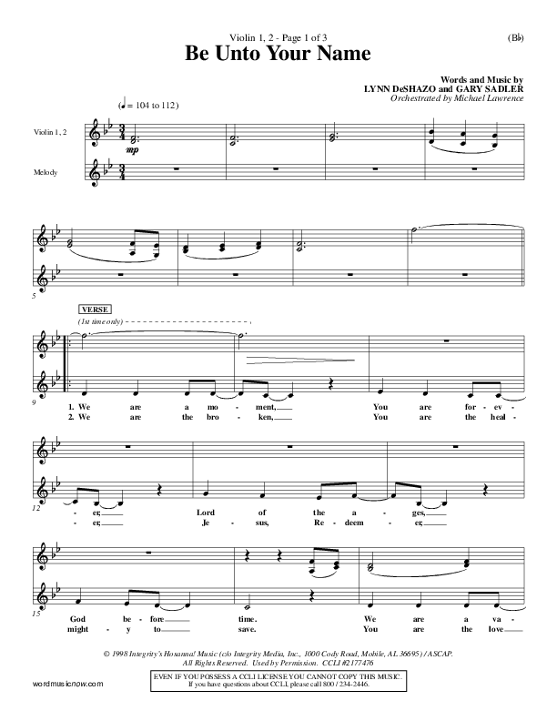 Be Unto Your Name Violin 1/2 (Lynn DeShazo)