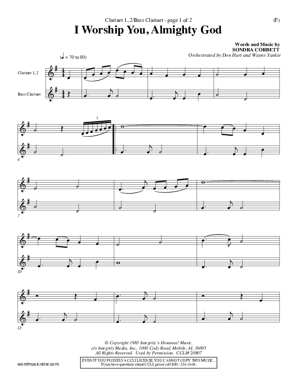 I Worship You Almighty God Clarinet 1/2, Bass Clarinet (Sondra Corbett)