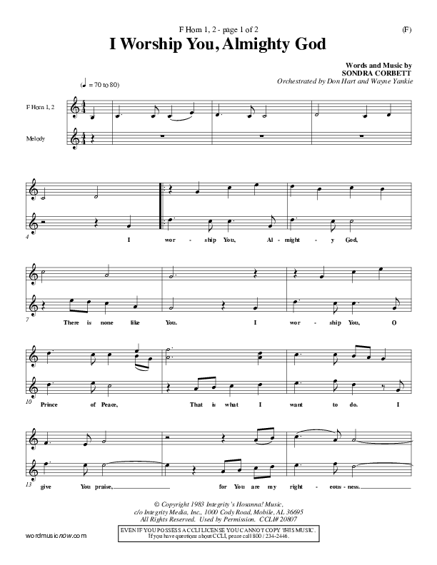 I Worship You Almighty God French Horn 1/2 (Sondra Corbett)