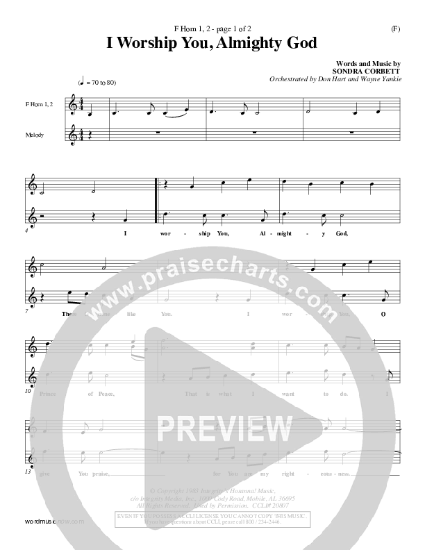 I Worship You Almighty God French Horn 1/2 (Sondra Corbett)