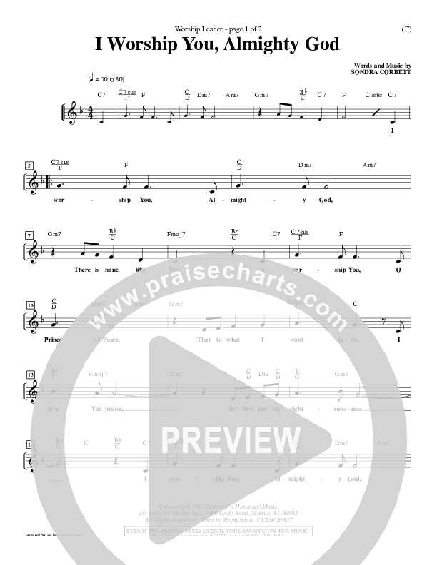 I Worship You Almighty God Lead Sheet (Sondra Corbett)
