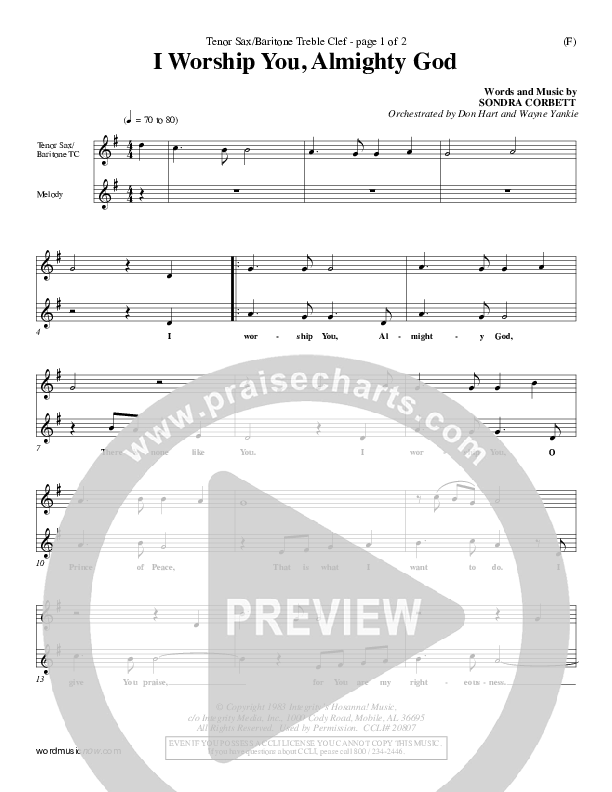I Worship You Almighty God Tenor Sax/Baritone T.C. (Sondra Corbett)