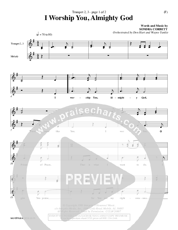 I Worship You Almighty God Trumpet 2/3 (Sondra Corbett)