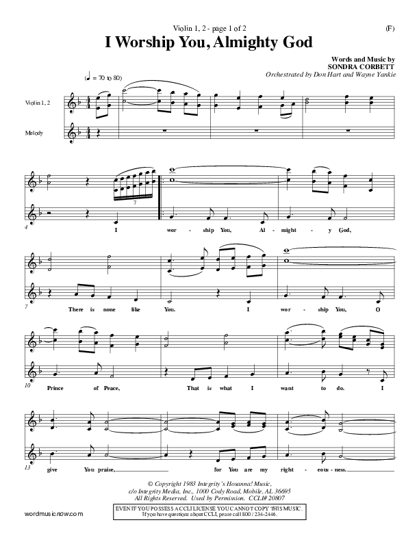 I Worship You Almighty God Violin 1/2 (Sondra Corbett)