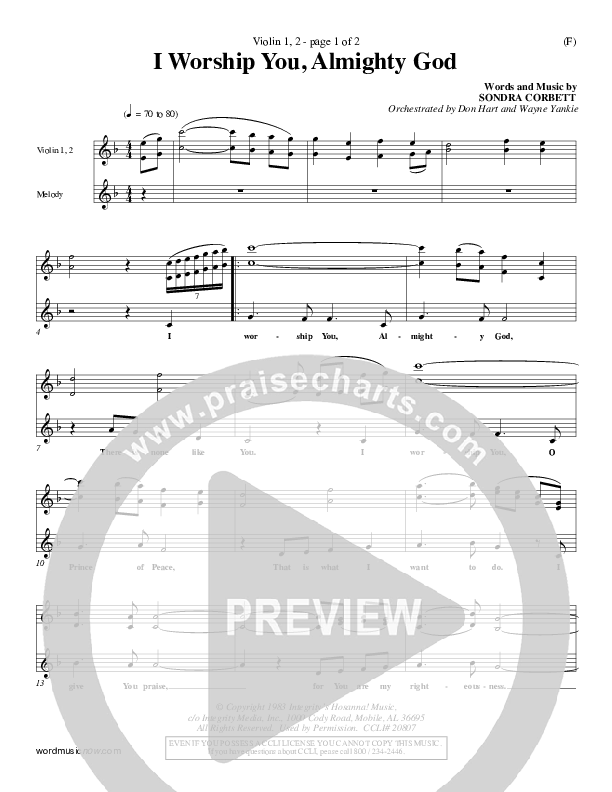 I Worship You Almighty God Violin 1/2 (Sondra Corbett)