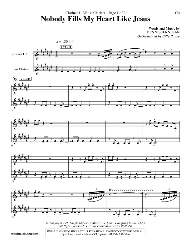 Nobody Fills My Heart Like Jesus Clarinet 1/2, Bass Clarinet (Dennis Jernigan)