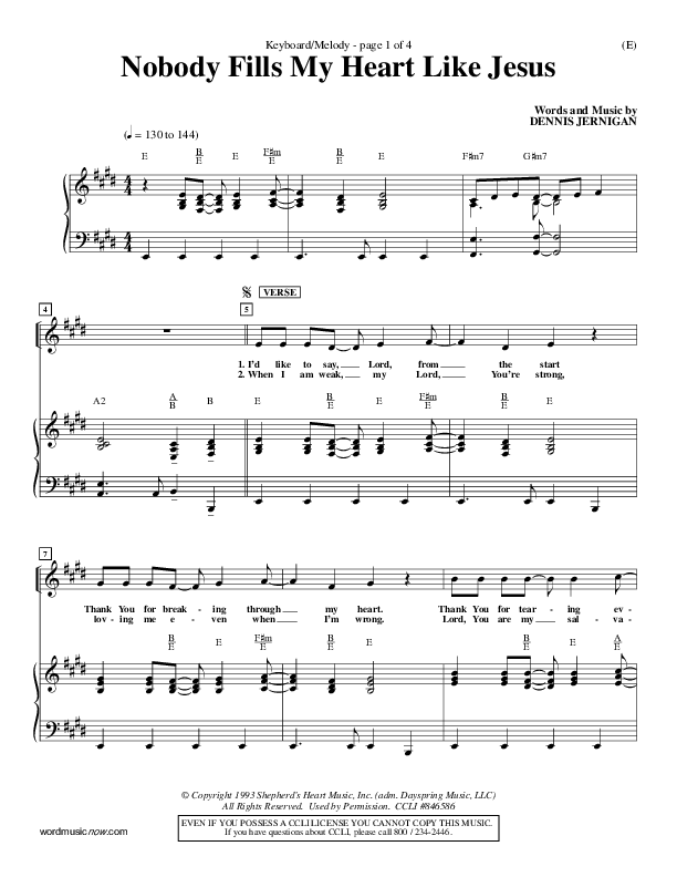 Nobody Fills My Heart Like Jesus Piano/Vocal (Dennis Jernigan)