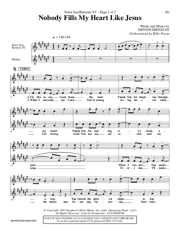 Nobody Fills My Heart Like Jesus Tenor Sax/Baritone T.C. (Dennis Jernigan)